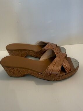 Jimmy Choo Beige Croc Embossed Criss Cross Cork Wedge Sandals Silver Toe Cap